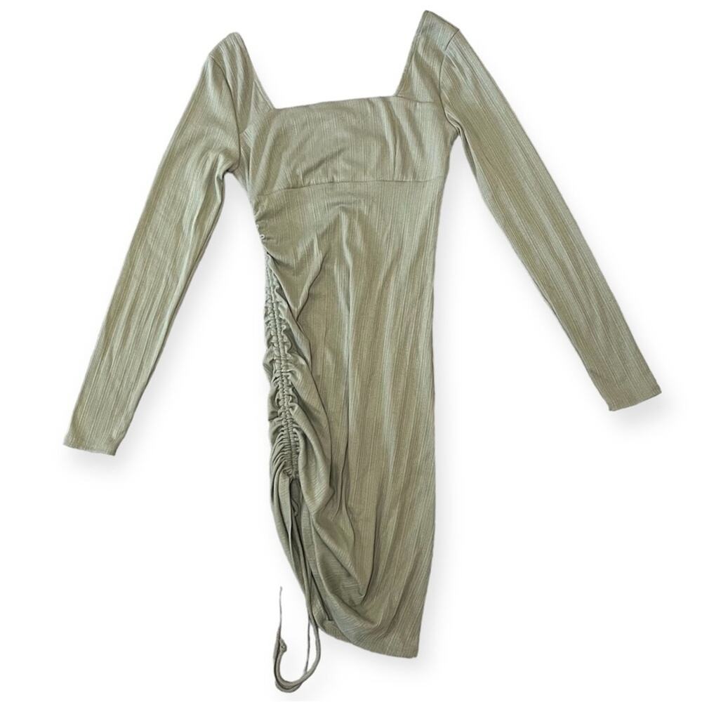 Forever 21 Sage Green Ruched Side Tie Mini Dress Long Sleeve Sz Small Minimalist - Picture 4 of 12